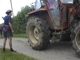 James warns the driver of this very wide tractor near Docton that two more cyclists are coming up the hill - but he's turning into a field anyway.  24.3 miles into the ride, and just over a mile before Elmscott hostel